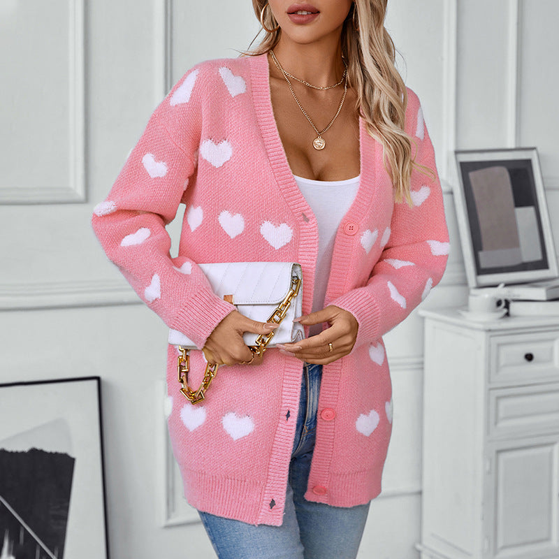 Towel Embroidery Love Knitted Cardigan Mid-Length Autumn Winter Button Sweet Sweater for Women