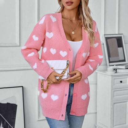 Towel Embroidery Love Knitted Cardigan Mid-Length Autumn Winter Button Sweet Sweater for Women