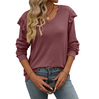 Women Autumn Winter Loose Casual Long Sleeves V neck T shirt