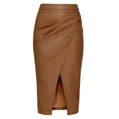 Women Clothing Faux Leather Split Skirt Autumn Winter High Waist Zipper Heap Pleated Leather Skirt Sexy Hip Skirt