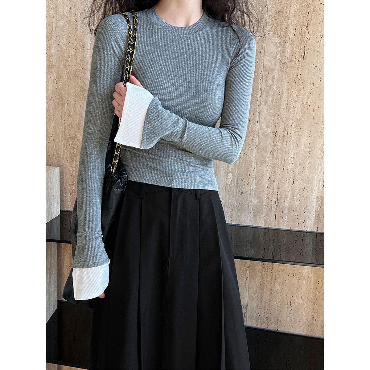 Cuff Patchwork Knitting Bottoming Shirt Women Design Slim Fit Inner Wear Flare Sleeve T Shirt Top