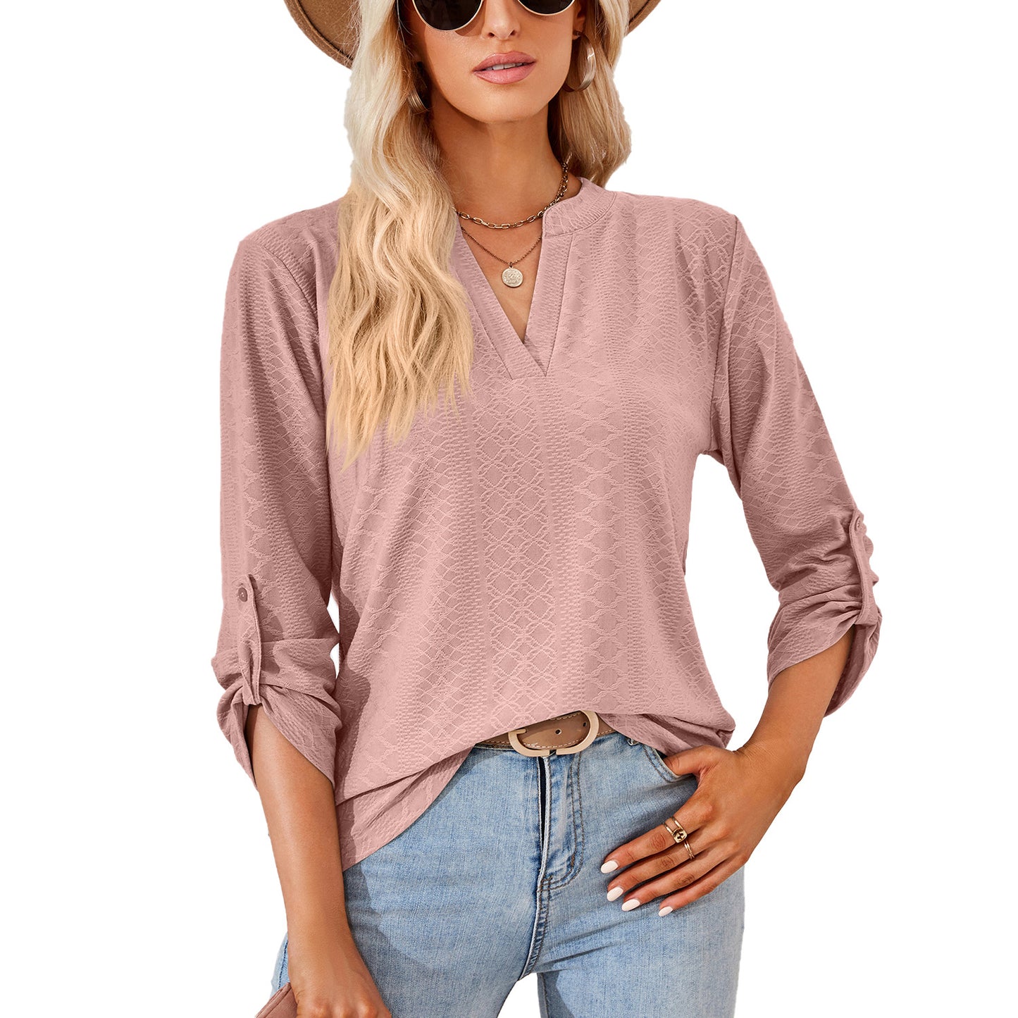 Autumn Winter Solid Color V-neck Three-Quarter Sleeve Button Loose-Fitting T-shirt Top Women