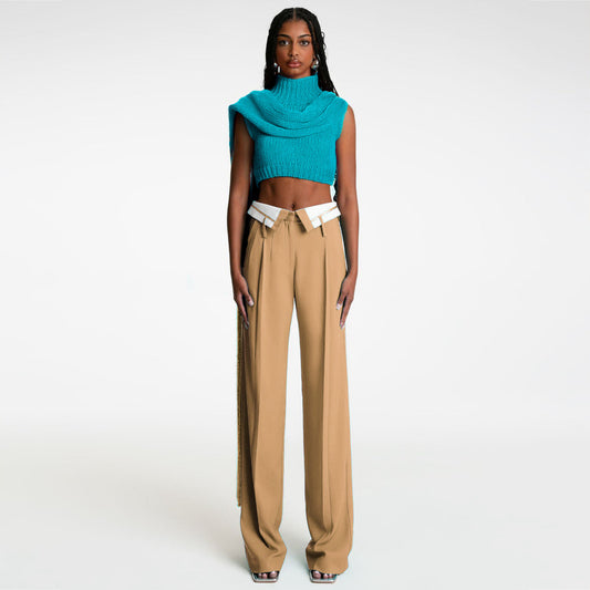 Spring Retro Draping Women Work Pant Loose Slimming Collared Design Straight Wide Leg Pants