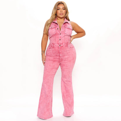 Women Clothing Denim High Elastic Sexy Backless Collared Workwear with Pocket Trousers Jumpsuit