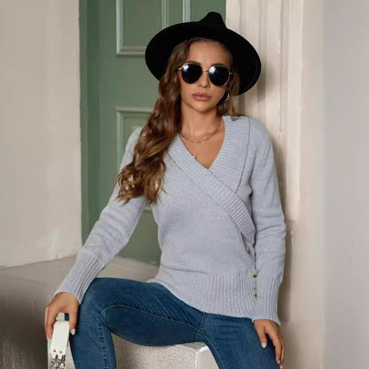 Women Spring Autumn Solid Color Pullover Cross V Neck Knitted Sweater Thread Button Top Women