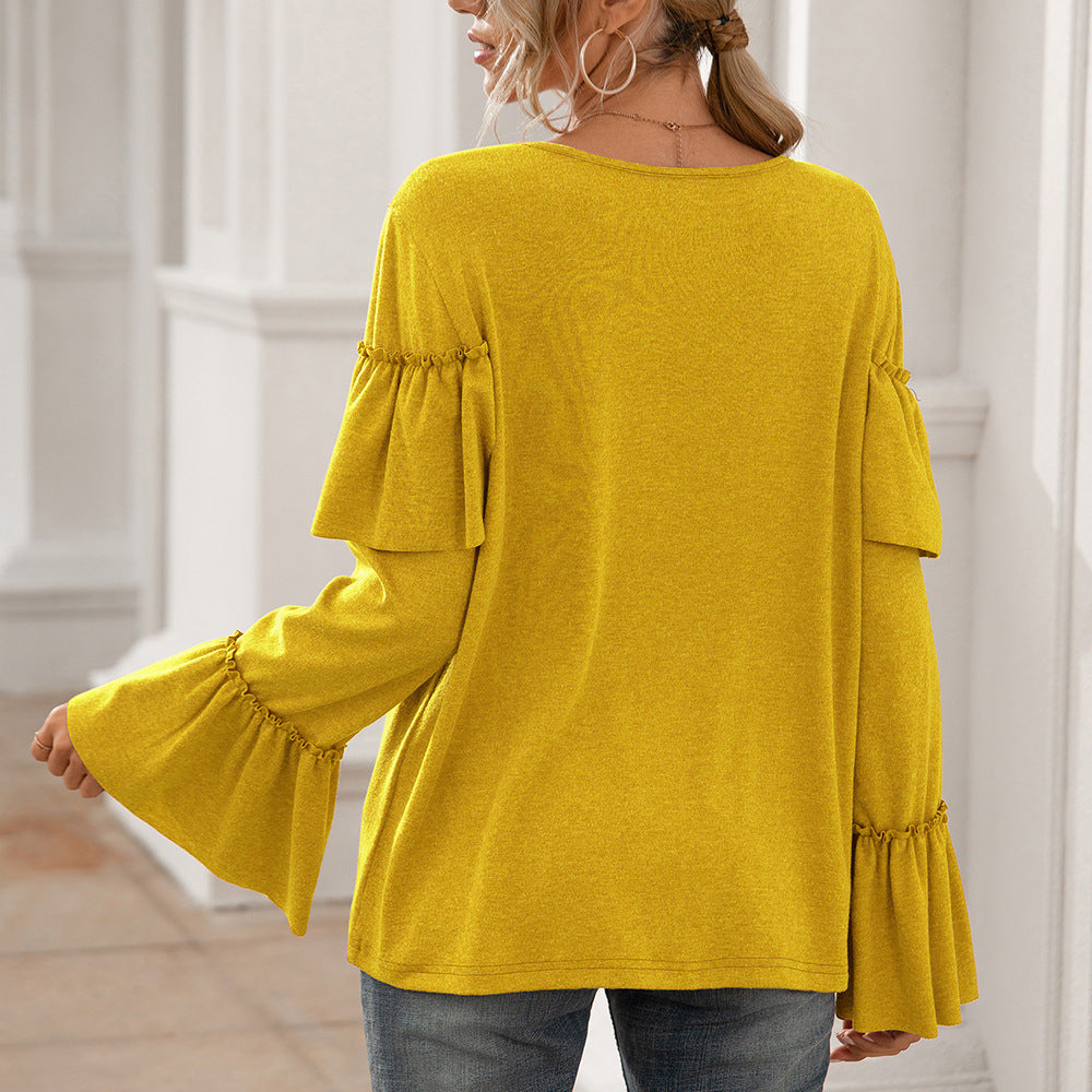 Spring Summer Loose Casual Ruffled Stitching Long Sleeve Solid Color Mid Length T shirt Top Women