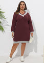 Women plus Size Women Clothes Woven Sweater V Collar Contrast Color Stitching Hip Woolen Without Belt