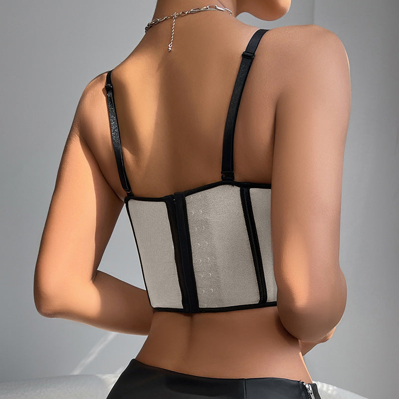 Sexy Mesh Wrapped Chest Steel Ring With Chest Pad Boning Corset Sling Corner Vest Sexy Slim Top