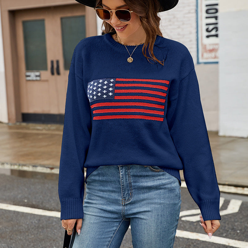 Autumn Winter round Neck Flag Easter Independence Day Sweater Women