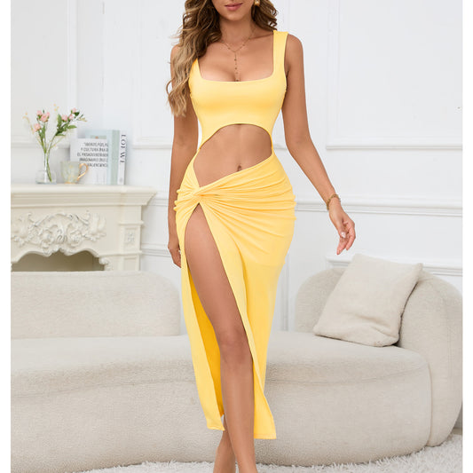 Women Clothing Maxi Dress Suspender Solid Color Hollow Out Cutout Out Cropped Sexy Dress