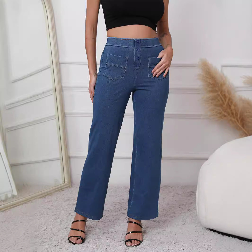 Women's Casual Straight Pants High Waist Button Elastic Trousers