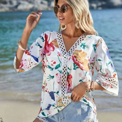 Summer Autumn Lace Bell Sleeve V Neck Loose Printed Chiffon Shirt