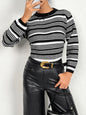 Women Clothing Autumn Winter Classic Contrast Color Striped Sweater Threaded Cuff Pullover round Neck Knitted Top