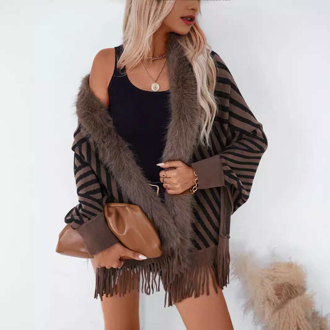 Autumn Winter Striped Tassel Knitted Shawl Cape All Match Cloak Outer Scarf Sweater Women