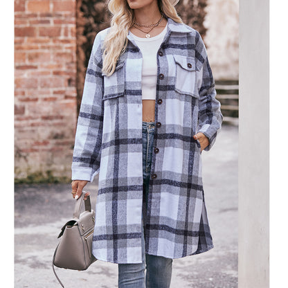 Women Autumn Winter Ladies Casual Flannel Plaid Shirt Long Coat