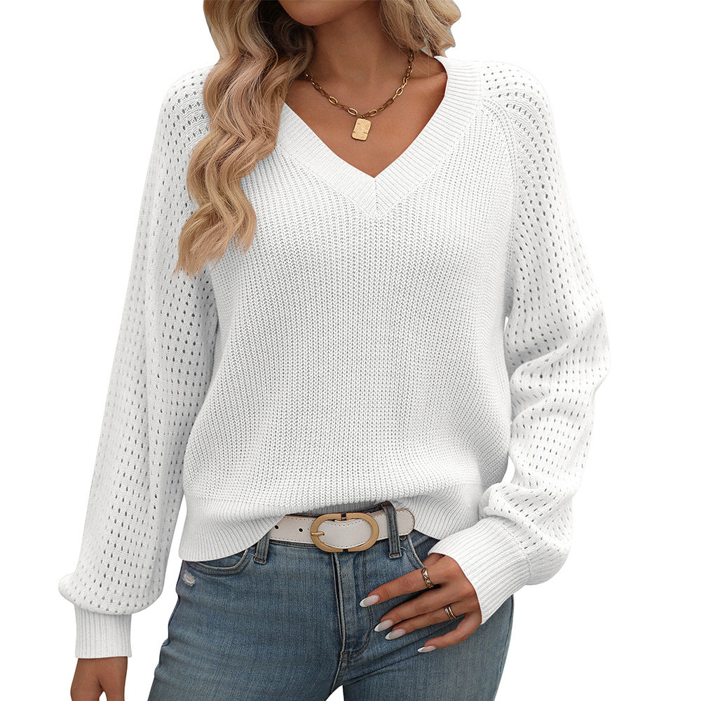 Women's Clothing Autumn Winter Hollow Out Cutout out V-neck Long Sleeve Sweater Women