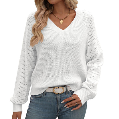 Women's Clothing Autumn Winter Hollow Out Cutout out V-neck Long Sleeve Sweater Women