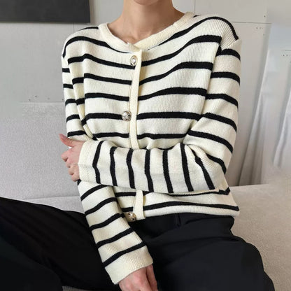 Russian Striped Knitted Cardigan Women Autumn Round Neck Short Chic Sweater Coat