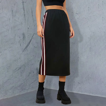 Summer Knitted Contrast Color Braid Stitching Skirt Straight Skirt Office Midi Skirt