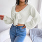 Autumn Winter Bowknot V neck Lantern Sleeve cropped Sweater Women Clothing