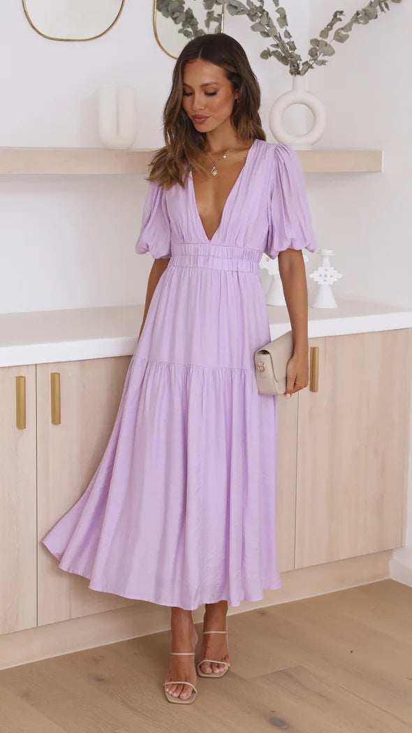 Casual Trends Summer V neck Tight Waist Mid Length Dress