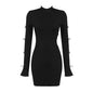 Summer Black Long Sleeve Bowknot Hollow Out Cutout Dark Pattern Cropped Outfit Mini Hip Sexy Women Clothing Dress