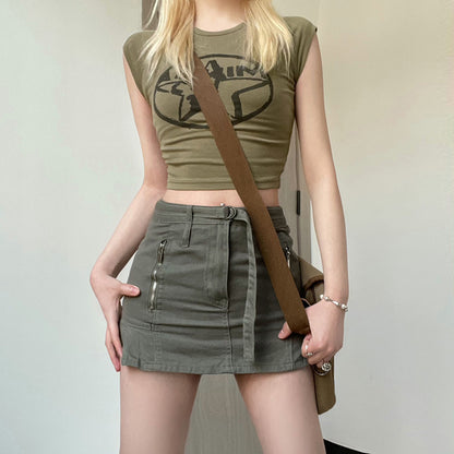 Street Sexy Printing Contrast Color Basic Slim Fit Waistcoat Cropped Cropped T Shirt