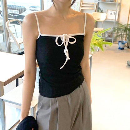 Fashionable Simple Sexy Pure Contrast Color Knotted Short Vest Top Women Summer