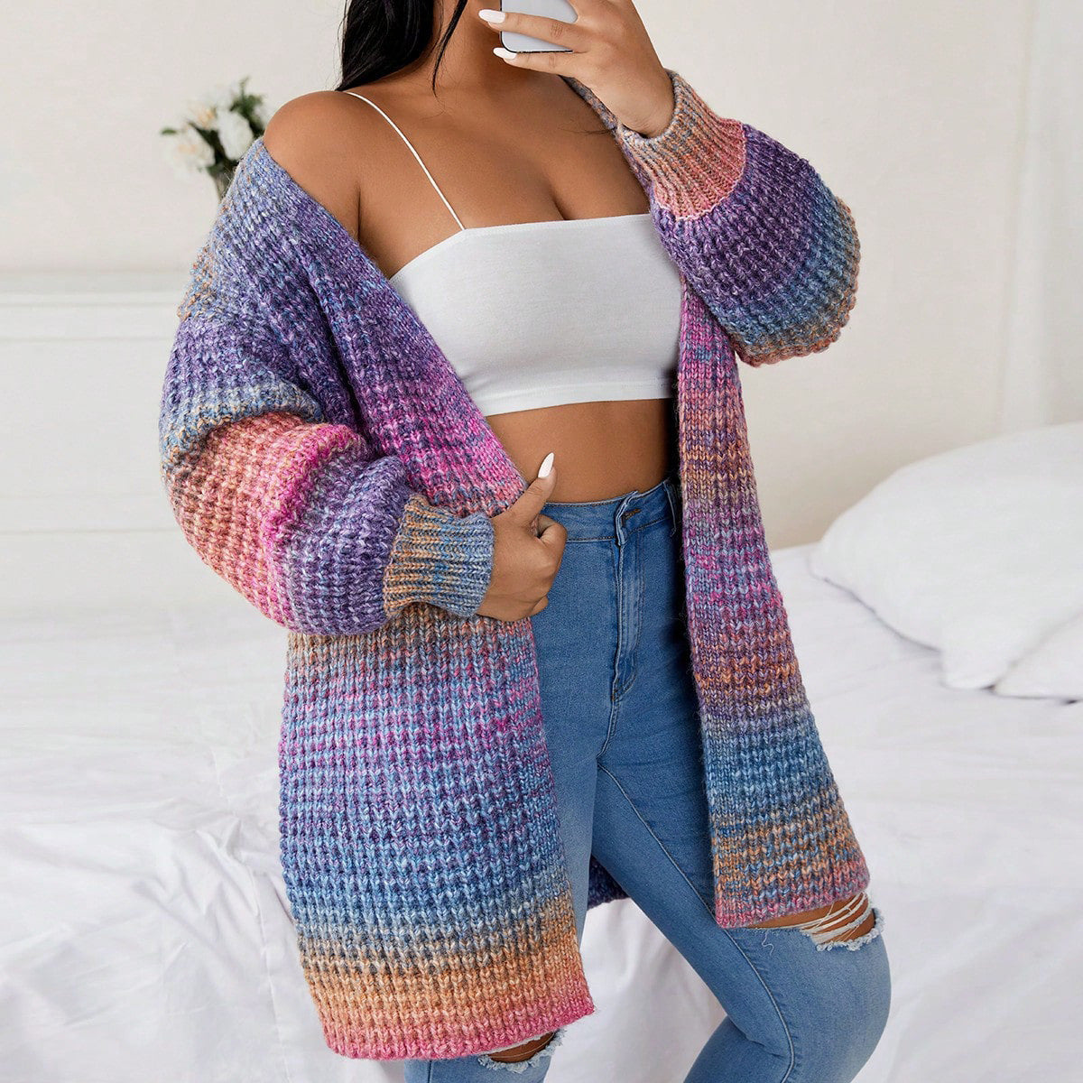 Cardigan Sweater Long Autumn Winter Long Gradient Knitted Coat Women Clothing