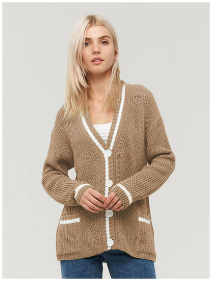 Knitted Cardigan Sweater Women Autumn Winter All Matching V Neck Pocket Color Matching Knitted Long Sleeve Sweater Coat Women