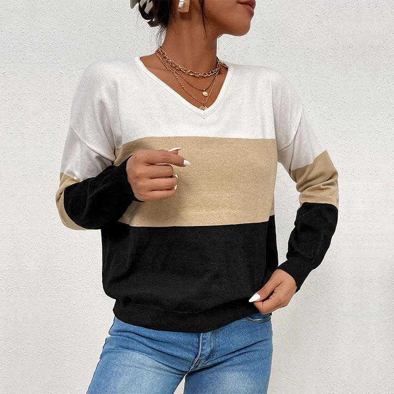 Autumn Winter Loose Casual V-neck Top Color Matching Long Sleeve Sweater for Women