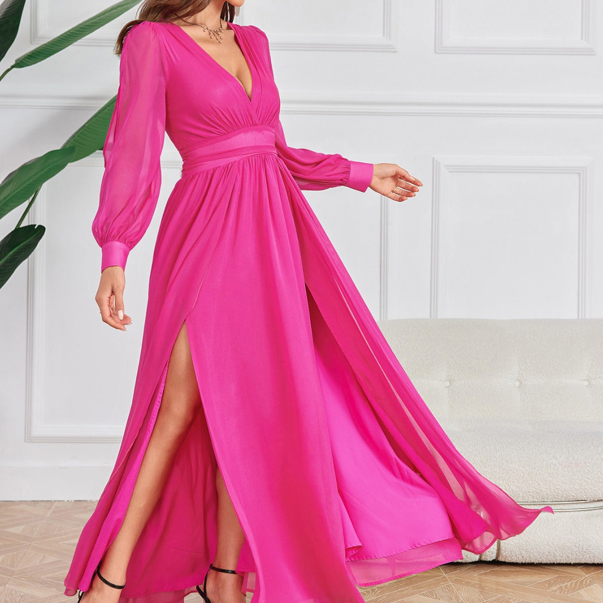 Solid Color Low Cut Sexy Slimming Youthful Looking Retro Party Cocktail Large Mop Chiffon Dress