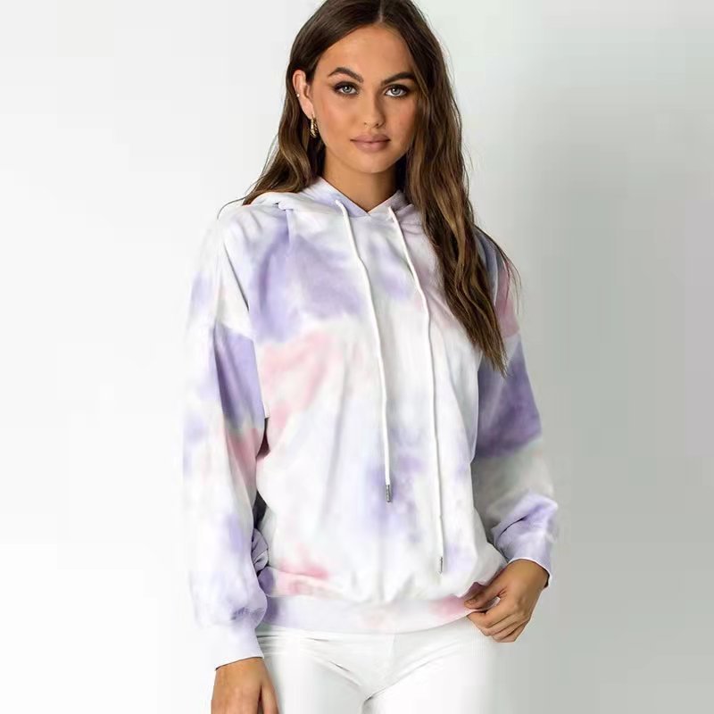 Autumn Winter Tie-Dye Loose Hooded Drawstring Women Clothing Urban Casual Long Sleeves