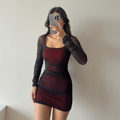 Autumn Socialite Elegant Sexy Slim Mesh Long Sleeve Narrow Dress Women