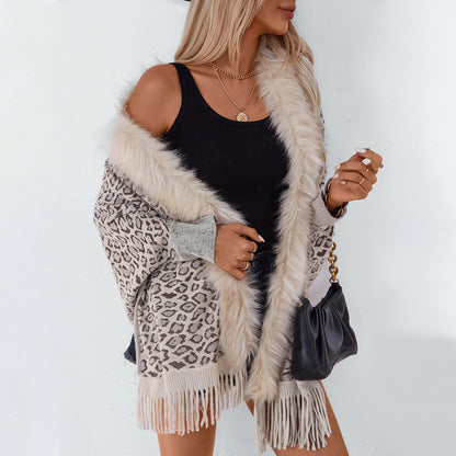 Leopard Print Fur Collar Shawl Knitted Coat Autumn Winter Loose Batwing Sleeve Sweater Cape Cardigan Women