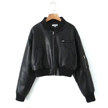 Retro Faux Leather Cotton Jacket Coat for Women Autumn Winter Sexy Stand Collar Zipper Short Varsity Jacket