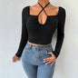 Women Clothing Autumn Winter Sexy Hollow Out Cutout out Strap Slim Fit Short Knitted Long Sleeved T shirt Top