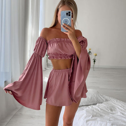 Sexy Artificial Silk Bell Sleeve Pajamas Two Piece Set Long Sleeve Shorts Ladies Homewear