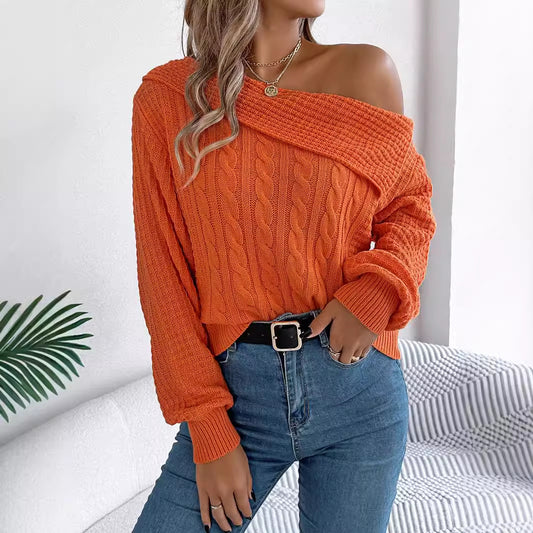 Autumn Winter Casual Sexy Collared Off The Shoulder Twist Long Sleeve Pullover Women Clothing