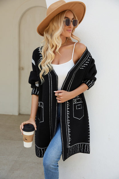 Long Sweater Coat Jacquard All Matching Lazy Knitted Loose Autumn Winter Knitted Cardigan Women