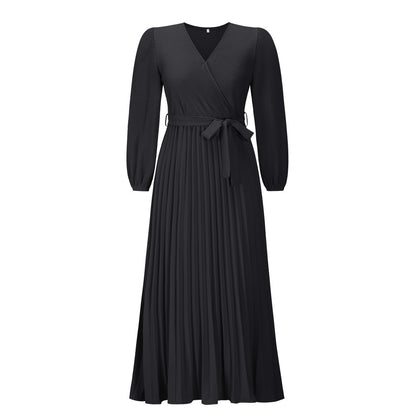 Autumn Winter Women V neck Long Sleeve Pleated A line  Mid Length Dress