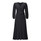 Autumn Winter Women V neck Long Sleeve Pleated A line  Mid Length Dress