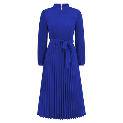 Autumn Winter Slim Dress Stand Collar Puff Sleeve Pleated Women Clothing