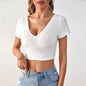 Women Clothing Sexy Backless V neck Slim Short Knitted Short Sleeve T shirt Top