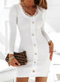 Women Clothing Lace Casual Long Sleeve Narrow Button  Autumn Winter Dress Women