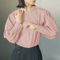 Autumn Crew Neck Shirt Women Korean Puff Sleeve Back Slit Pure Cotton Shirt