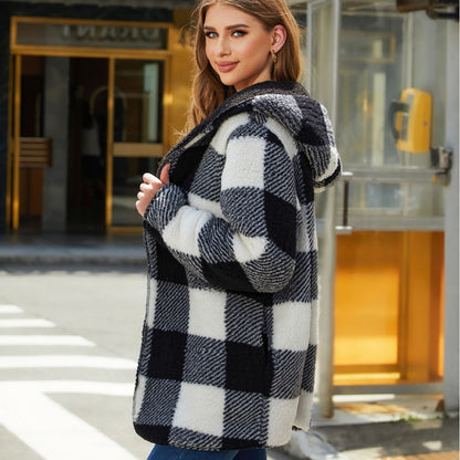 Women Clothing Autumn Winter Plaid Loose Casual Buckle-Free Cardigan Double Layer Plush Coat Women