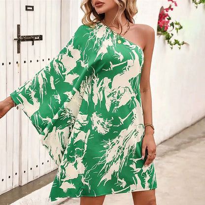 Oblique Shoulder Printed Short Dress Spring Summer Women Design Women Dress