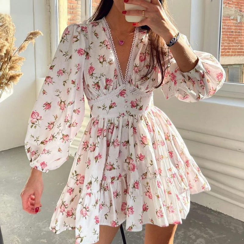 Autumn Winter Women Clothing Street Casual Floral Midi High Waist Slim V neck Dress