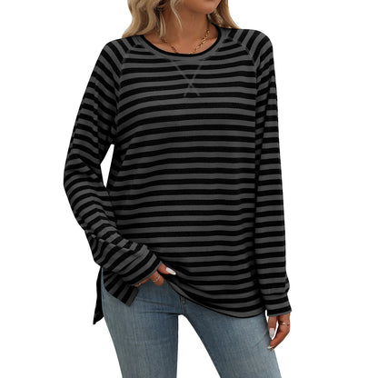 Autumn Winter Striped Contrast Color round Neck Long Sleeve Loose Fitting T shirt Top Women